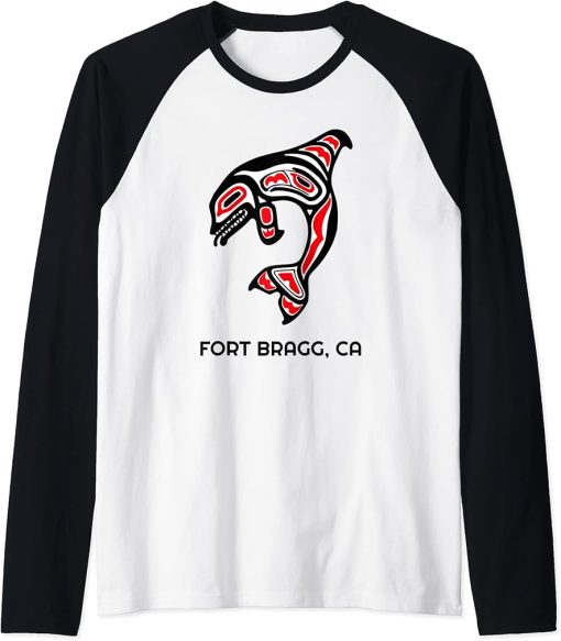 Fort Bragg, CA Native American Orca Killer Whale Raglan Baseball Tee